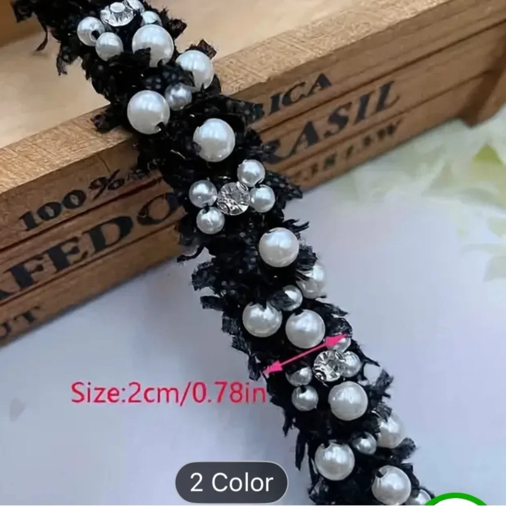 1 Yard Black & White, Pearl & Rhinestone Appliqué Craft, Clothing New